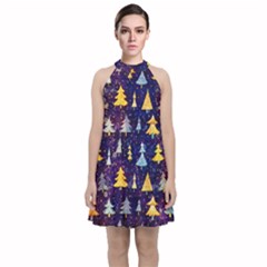 Gold And Blue Trees, Adoxali, Christmas Velvet Halter Neckline Dress 