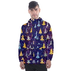 Gold And Blue Trees, Adoxali, Christmas Men s Front Pocket Pullover Windbreaker