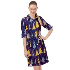 Gold And Blue Trees, Adoxali, Christmas Long Sleeve Mini Shirt Dress by kyorashop23