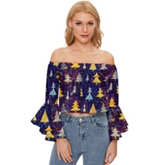 Gold And Blue Trees, Adoxali, Christmas Off Shoulder Flutter Bell Sleeve Top