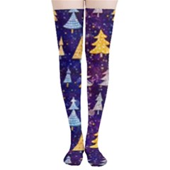 Gold And Blue Trees, Adoxali, Christmas Thigh High Stockings