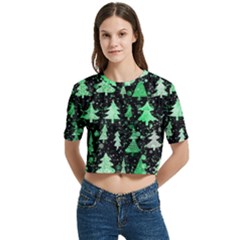 Green Christmas Trees, Adoxali, Scandinavian Women s Round Neck Short Sleeve Crop Top