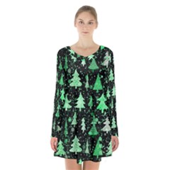 Green Christmas Trees, Adoxali, Scandinavian Long Sleeve Velvet V-neck Dress