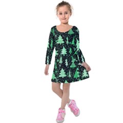 Green Christmas Trees, Adoxali, Scandinavian Kids  Long Sleeve Velvet Dress