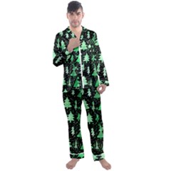 Green Christmas Trees, Adoxali, Scandinavian Men s Long Sleeve Satin Pajamas Set by kyorashop23