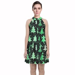 Green Christmas Trees, Adoxali, Scandinavian Velvet Halter Neckline Dress 