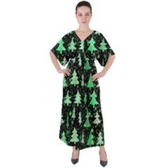 Green Christmas Trees, Adoxali, Scandinavian V-neck Boho Style Maxi Dress by kyorashop23