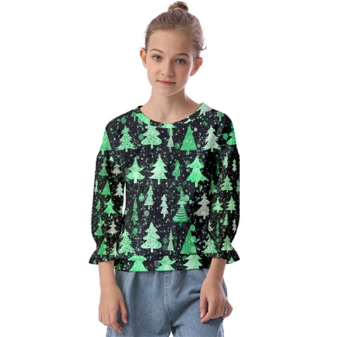 Green Christmas Trees, Adoxali, Scandinavian Kids  Cuff Sleeve Top by kyorashop23