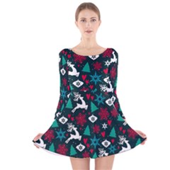 Holiday Season Pattern Long Sleeve Velvet Skater Dress