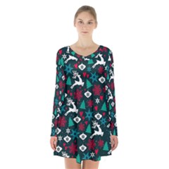 Holiday Season Pattern Long Sleeve Velvet V-neck Dress