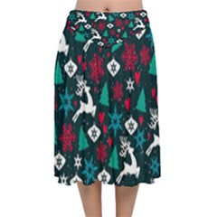 Holiday Season Pattern Velvet Flared Midi Skirt