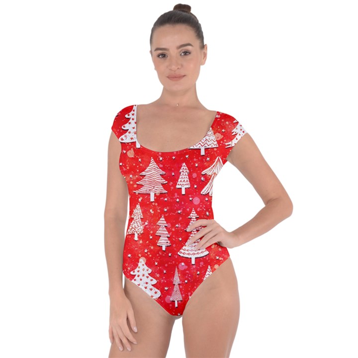 White And Red Trees, Adoxali, Christmas Short Sleeve Leotard 