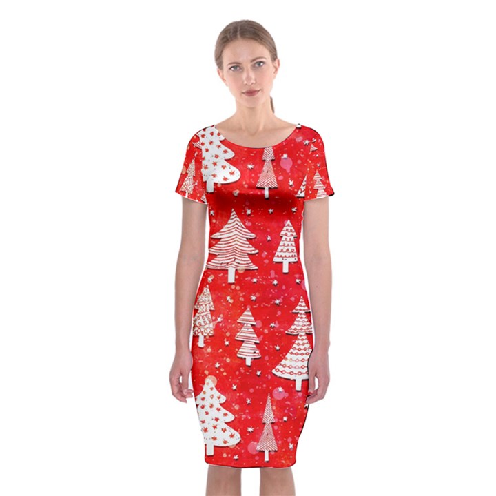 White And Red Trees, Adoxali, Christmas Classic Short Sleeve Midi Dress