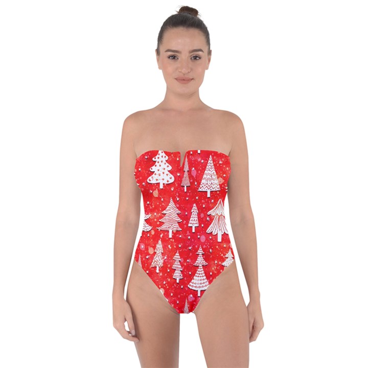 White And Red Trees, Adoxali, Christmas Tie Back One Piece Swimsuit