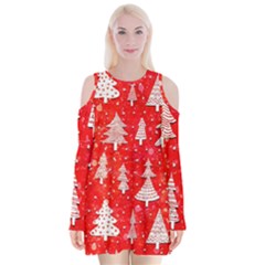 White And Red Trees, Adoxali, Christmas Velvet Long Sleeve Shoulder Cutout Dress