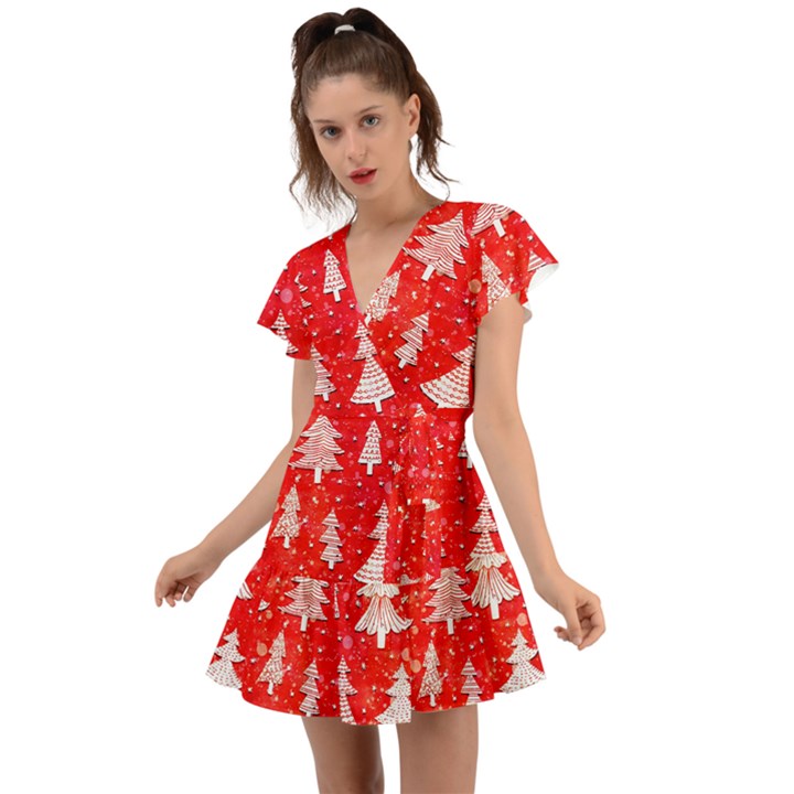 White And Red Trees, Adoxali, Christmas Flutter Sleeve Wrap Dress