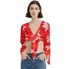 White And Red Trees, Adoxali, Christmas Trumpet Sleeve Cropped Top