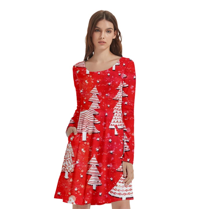 White And Red Trees, Adoxali, Christmas Long Sleeve Knee Length Skater Dress With Pockets