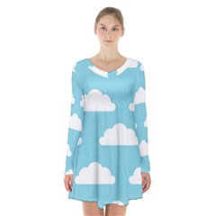 Clouds Blue Pattern Long Sleeve Velvet V-neck Dress