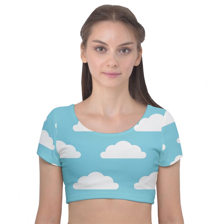 Clouds Blue Pattern Velvet Short Sleeve Crop Top 