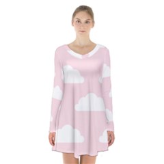 Clouds Pink Pattern Long Sleeve Velvet V-neck Dress