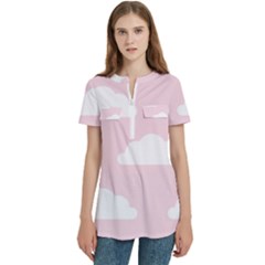 Clouds Pink Pattern Women s Zip Front V-neck Short Sleeve Casual Top Pocket Shirt