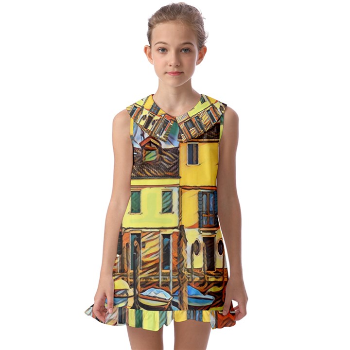 Colorful Venice Homes - Venezia, Italy Kids  Pilgrim Collar Ruffle Hem Dress