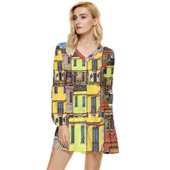 Colorful Venice Homes - Venezia, Italy Tiered Long Sleeve Mini Dress by ConteMonfrey