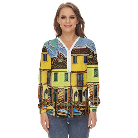 Colorful Venice Homes - Venezia, Italy Zip Up Long Sleeve Blouse by ConteMonfrey