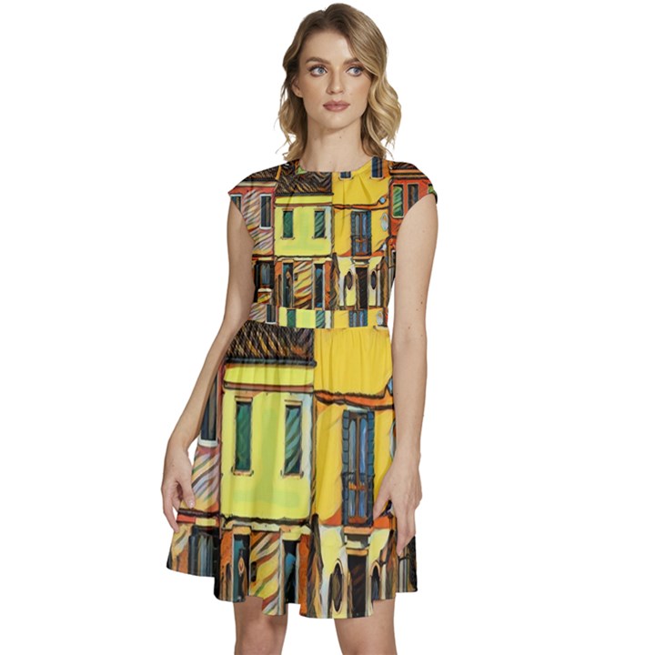 Colorful Venice Homes - Venezia, Italy Cap Sleeve High Waist Dress