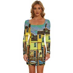 Colorful Venice Homes - Venezia, Italy Long Sleeve Square Neck Bodycon Velvet Dress by ConteMonfrey