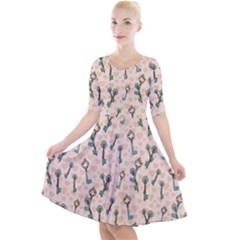 Romantic Heart Keys Quarter Sleeve A-line Dress With Pockets