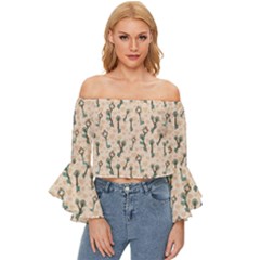 Romantic Heart Keys Off Shoulder Flutter Bell Sleeve Top