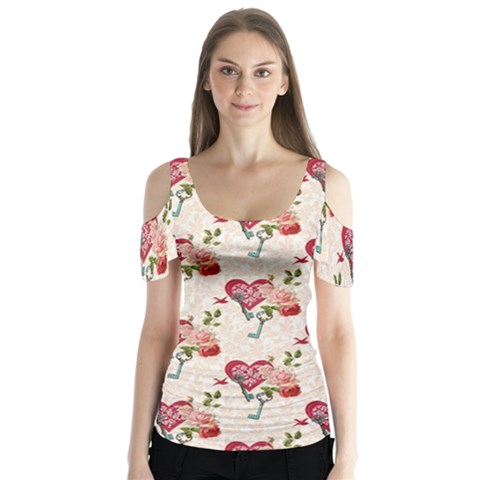 Key To The Heart Butterfly Sleeve Cutout T-shirt  by ConteMonfrey