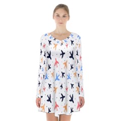 Cute Airplanes Planes Long Sleeve Velvet V-neck Dress