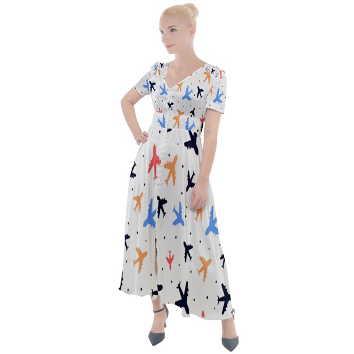 Cute airplanes planes Button Up Short Sleeve Maxi Dress