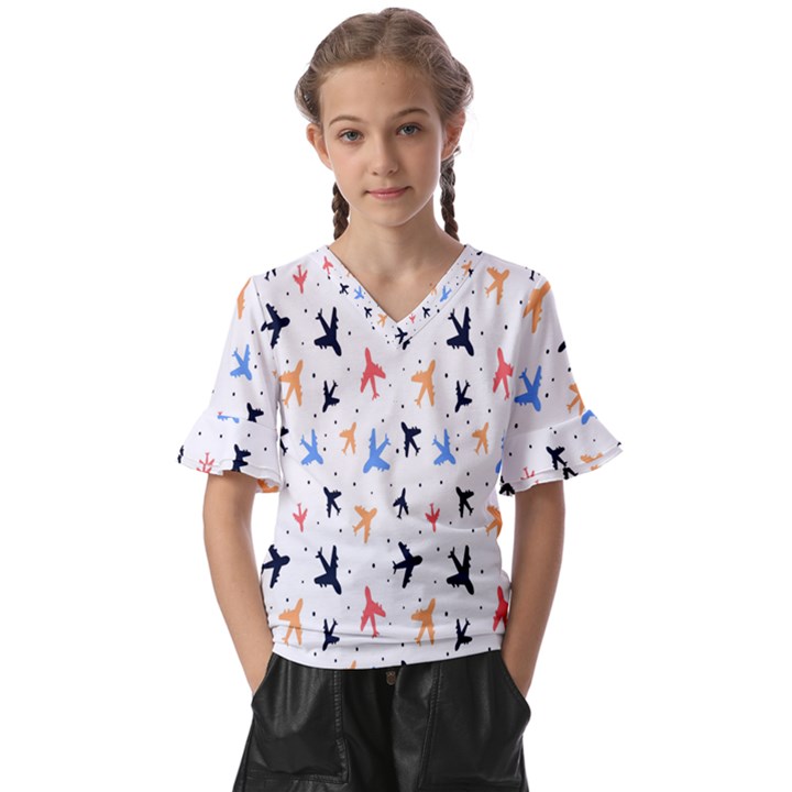 Cute airplanes planes Kids  V-Neck Horn Sleeve Blouse