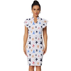 Cute airplanes planes Vintage Frill Sleeve V-Neck Bodycon Dress