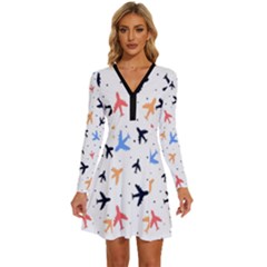 Cute airplanes planes Long Sleeve Deep V Mini Dress 