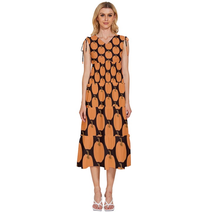 Black And Orange Pumpkin V-Neck Drawstring Shoulder Sleeveless Maxi Dress