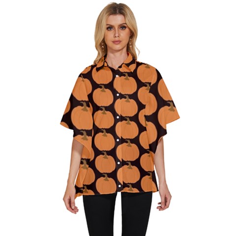 Black And Orange Pumpkin Women s Batwing Button Up Shirt by ConteMonfrey