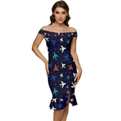 Blue Sky Airplanes Planes Off Shoulder Ruffle Split Hem Bodycon Dress by ConteMonfrey