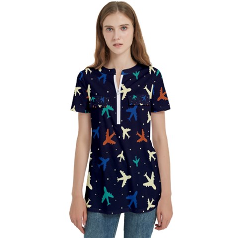 Blue Sky Airplanes Planes Women s Zip Front V-neck Short Sleeve Casual Top Pocket Shirt by ConteMonfrey