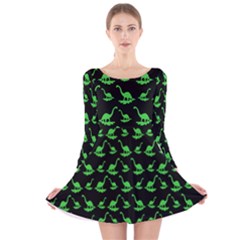 Green Neon Dinos Long Sleeve Velvet Skater Dress