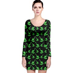 Green Neon Dinos Long Sleeve Velvet Bodycon Dress