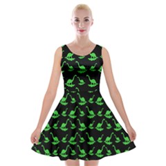 Green Neon Dinos Velvet Skater Dress