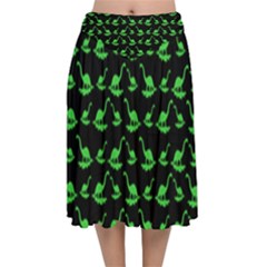 Green Neon Dinos Velvet Flared Midi Skirt