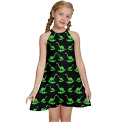 Green Neon Dinos Kids  Halter Collar Waist Tie Chiffon Dress by ConteMonfrey