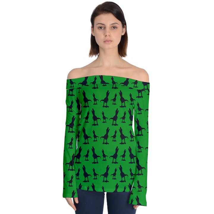 Dinos on a green background Off Shoulder Long Sleeve Top