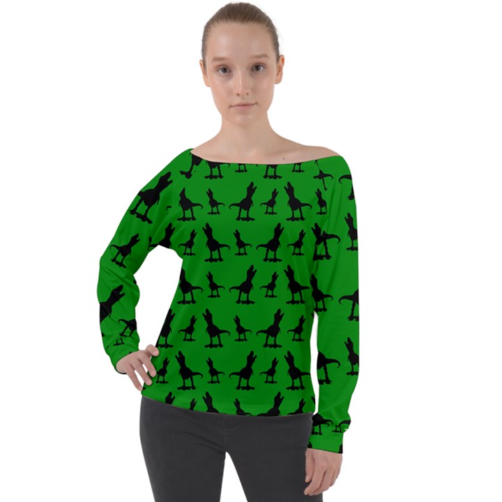 Dinos on a green background Off Shoulder Long Sleeve Velour Top